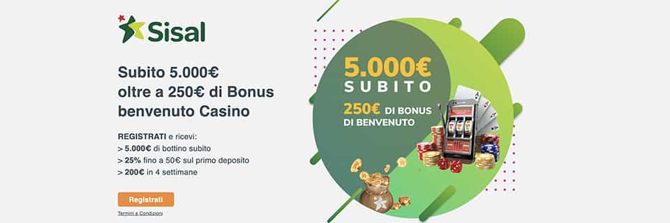 L’offerta del Sisal bonus casino per i nuovi iscritti prevede 250€ di bonus benvenuto su 5 depositi complessivi